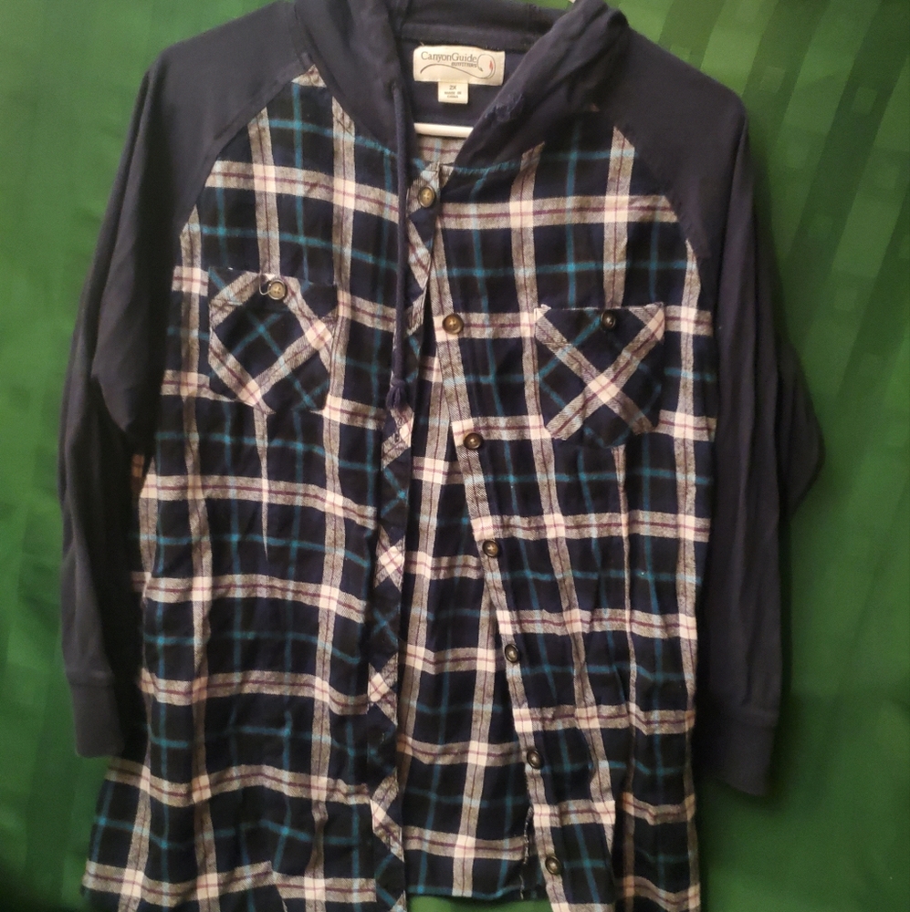 Dark Blue Plaid Long Sleeve Hooded Shirt